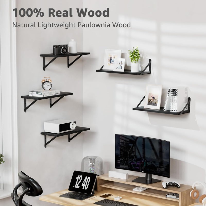 COCOYA Wall Shelves 7.3" Deep Set of 2, Solid Paulownia Wood Wider Longer Sturdy Easy to Install Wall Mounted Bookshelves Storage Shelves Bathroom Home Office Laundry Room Bedroom Organizer Black - Image 5